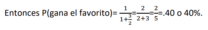 Ecuación: P(gana el favorito)= 1/1+3/2 = 2/2+3 = 2/5 = .40 o 40%