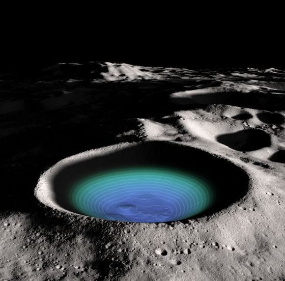 Un cráter con agua helada en el polo sur de la Luna