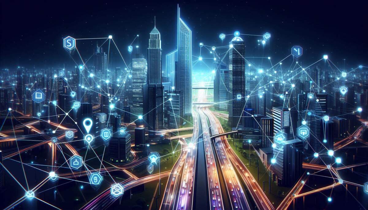 un foto panoramica de una ciudad de noche con lineas enlazando lugares
